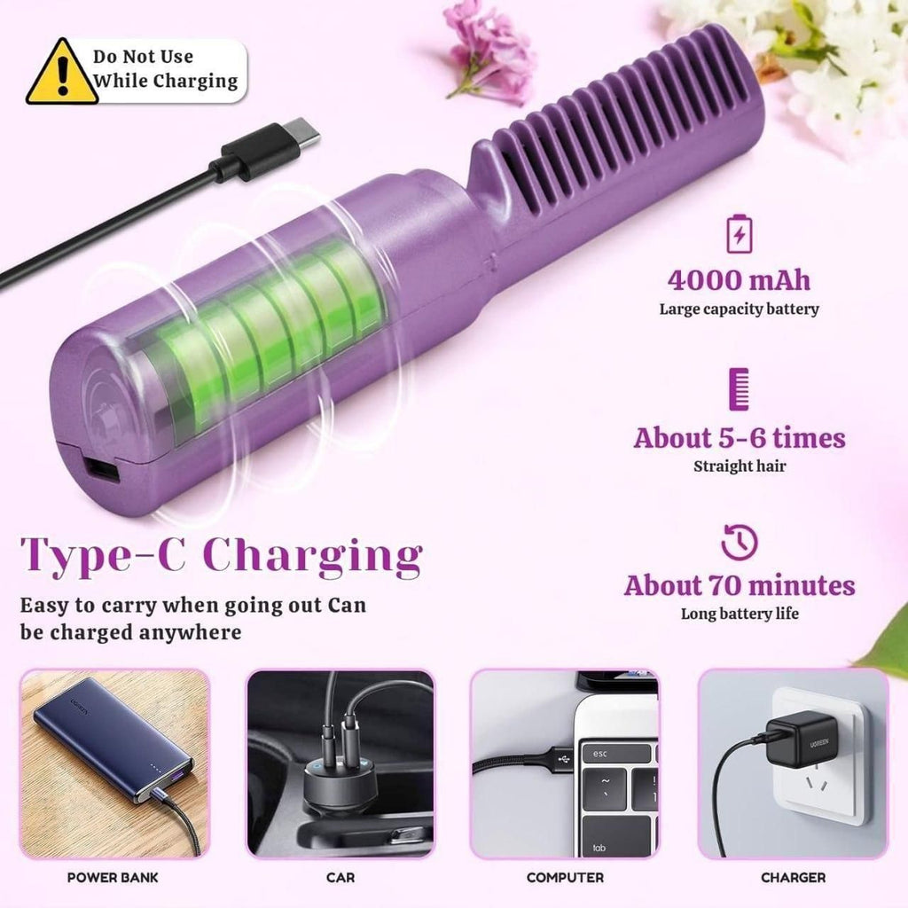 Portable Hair Straightener Cordless & Rechargeable Mini Adjustable Hair Straightener Hot Comb Quick & Easy Styling