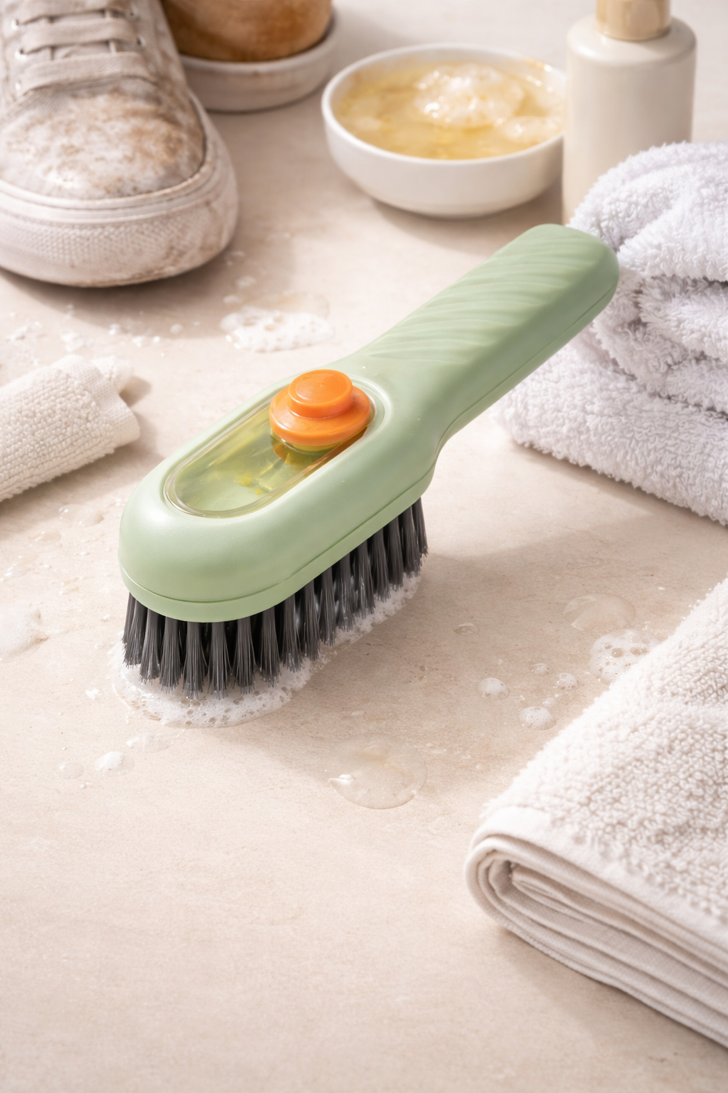 multi-purpose cleaning brush with built-in soap dispenser